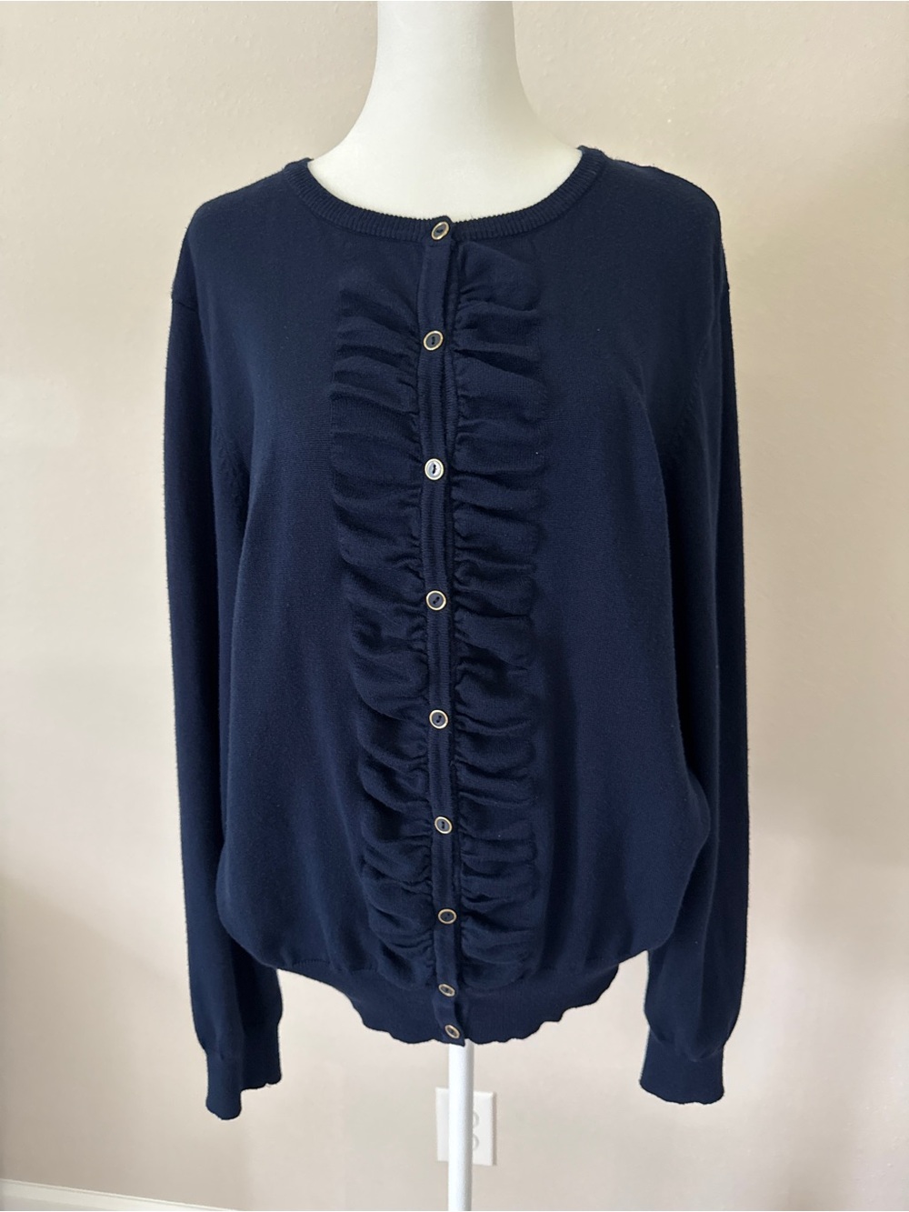Carolyn Taylor Navy Blue Ruffle Ruched Front Knit Cardigan Sweater  Size Xl